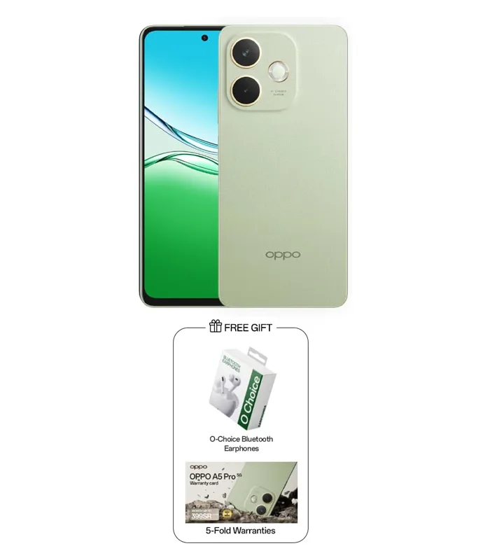 ⁦جوال اوبو A5 برو 5G - ذاكرة 256 جيجابايت، شاشة 6.67 إنش، بطارية 5800 مللي أمبير - أخضر زيتي مع سماعات أذن بلوتوث او تشويس هدية⁩ - الصورة ⁦1⁩