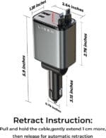 شاحن سيارة LISEN 4 في 1 قابل للسحب – PD 30 واط، كابلات مدمجة USB-C وLightning، موديل 2E7130 - الصورة 4