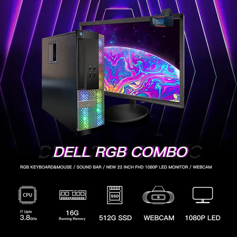 ⁦ديل كمبيوتر مكتبي OptiPlex – Intel Core i7، RAM 16GB، SSD 512GB، شاشة 22 بوصة FHD، RGB، ويندوز 10 برو، ملحقات كاملة⁩ - الصورة ⁦5⁩