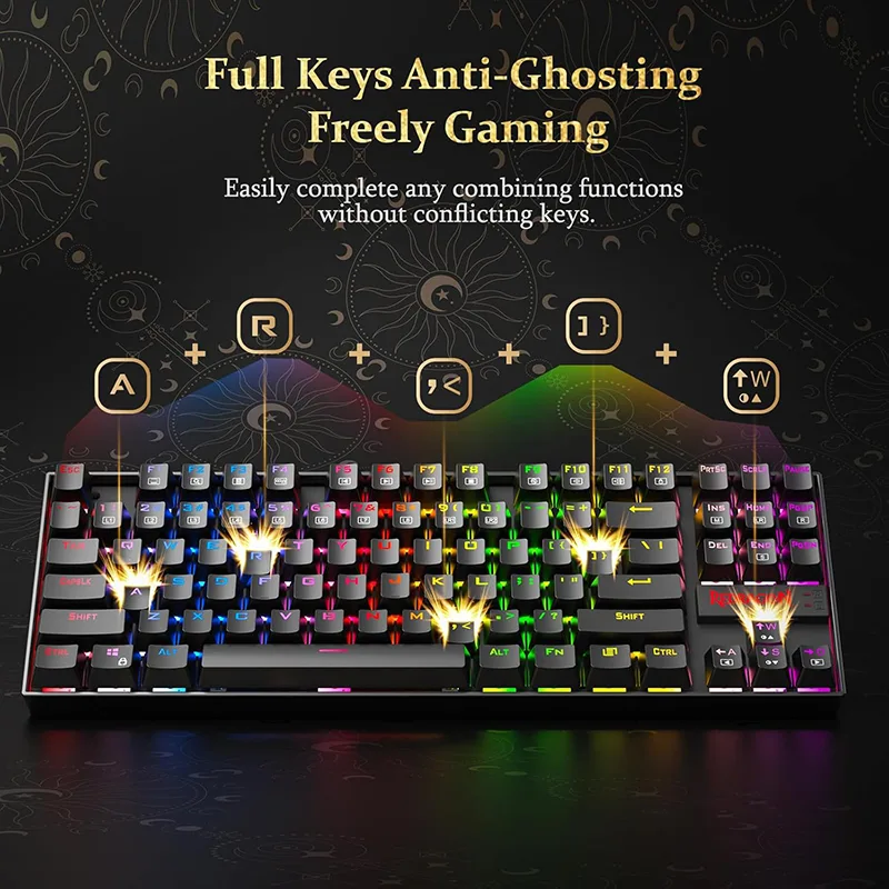 ⁦كيبورد ألعاب ميكانيكي Redragon K552 – مفاتيح حمراء، RGB، 87 مفتاح، مقاوم للغبار، سلكي – أسود⁩ - الصورة ⁦5⁩